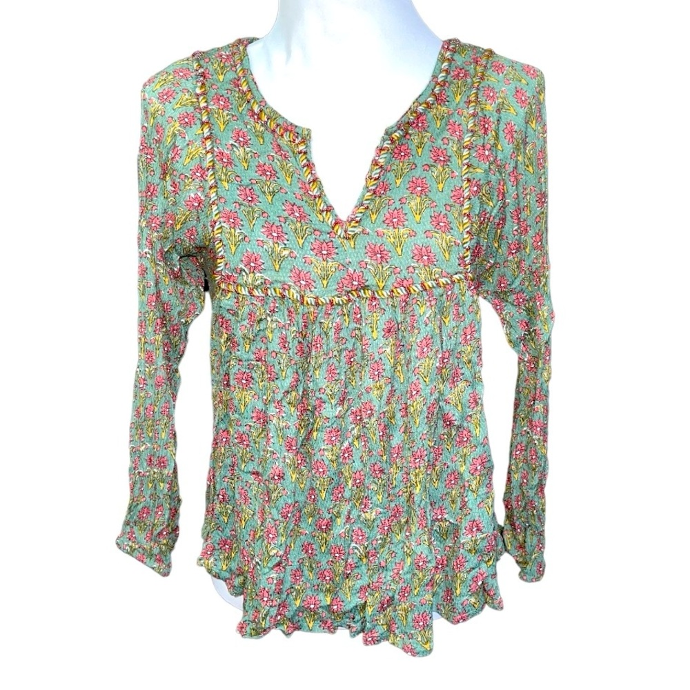 Rachel Zoe green pink Floral Rope Decor Tunic Size Small S